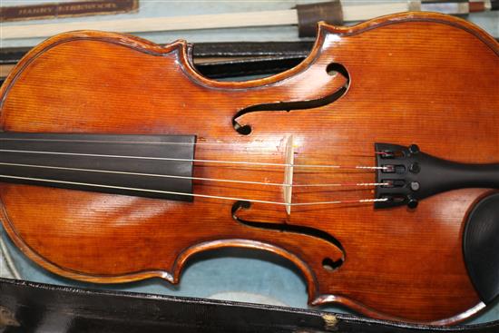 A 19th century violin with makers label C Nicholson of Leith, Edinburgh , cased with bow